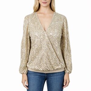 Boston Proper Gold Sequin Sequin Surplice Blouse Evening Party Beaded Top Size M